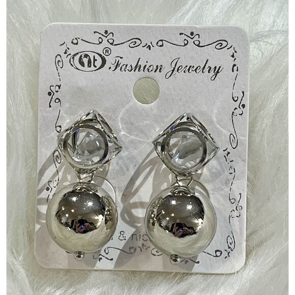 Chunky Silver Tone Dangle Ball & Faux Faceted Crystal Enclosed Gage Earrings - Picture 2 of 6